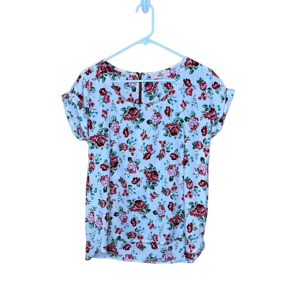 Pink Republic Shirt Rose Floral Short Sleeve Sheer Blouse L